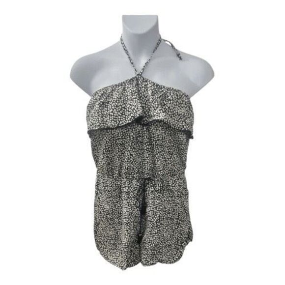 Old Navy Halter Ruffle Shorts Romper Jumpsuit Black & White Linen Size L Overlay - Picture 12 of 13